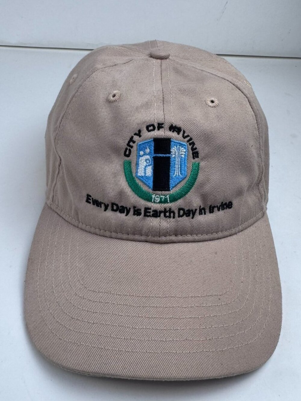City of Irvine Earth Day Hat Cap Outdoor Cap RPET 100 Recycled Tan Strapback